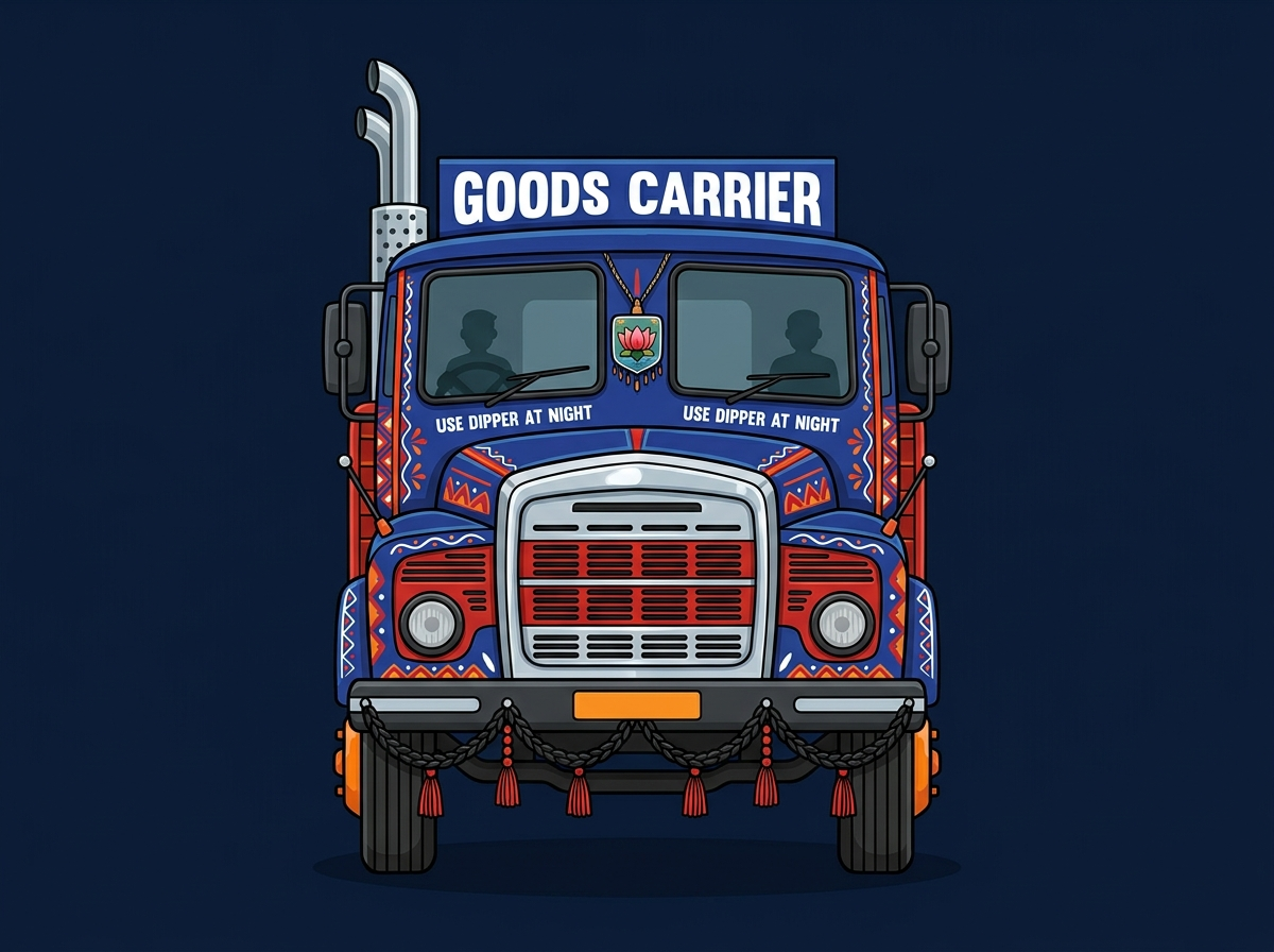A stylized GOODS CARRIER truck — the kind your drivers actually run on the Brampton–Buffalo corridor.